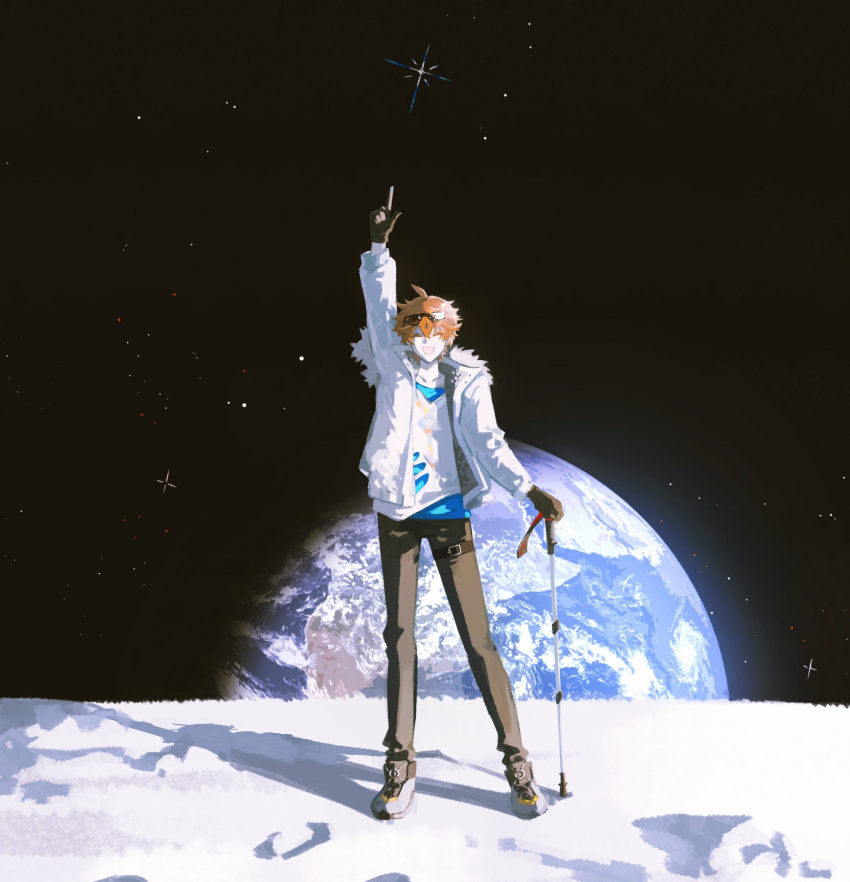 1boy arm_up black_pants blue_shirt cane closed_eyes earth_(planet) erdff720 full_body genshin_impact highres jacket on_moon open_mouth orange_hair pants planet pointing polaris_(star) shirt shoes smile solo sunglasses tartaglia_(genshin_impact) white_footwear white_jacket white_shirt