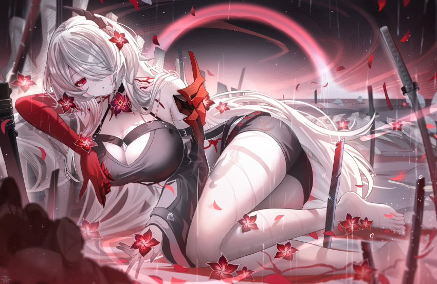 1girl absurdres acheron_(honkai:_star_rail) alternate_color bare_shoulders barefoot breasts cleavage commentary detached_sleeves elbow_gloves flower gloves hair_over_one_eye highres honkai:_star_rail honkai_(series) large_breasts long_sleeves looking_at_viewer lying on_side rain red_eyes red_flower red_gloves single_detached_sleeve solo symbol-only_commentary tansuan_(ensj3875) thighs