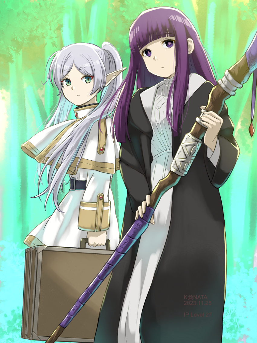 2girls absurdres belt black_robe capelet dated day elf fern_(sousou_no_frieren) frieren gold_trim green_eyes grey_hair highres holding holding_luggage holding_staff holding_suitcase multiple_girls outdoors pointy_ears purple_eyes purple_hair robe shirt skirt sousou_no_frieren staff suitcase white_capelet white_shirt white_skirt y.kami_nao/take