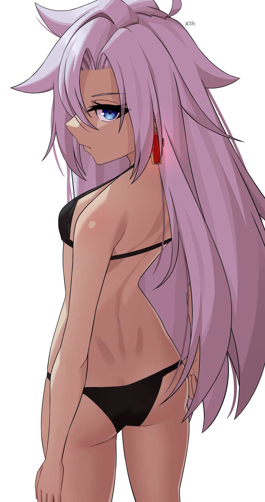 1girl 1other a_(xenoblade) absurdres ass bikini blue_eyes dark-skinned_female dark_skin earrings highres jewelry messy_hair solo swimsuit x_xith_x xenoblade_chronicles_(series) xenoblade_chronicles_3 xenoblade_chronicles_3:_future_redeemed