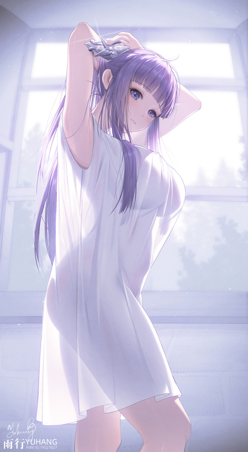 1girl adjusting_hair armpits arms_up artist_name bare_legs blunt_bangs blush breasts commentary_request dress feet_out_of_frame fern_(sousou_no_frieren) glint highres indoors large_breasts looking_at_viewer pixiv_id purple_eyes purple_hair see-through_silhouette signature solo sousou_no_frieren white_dress yuxing_yuhang