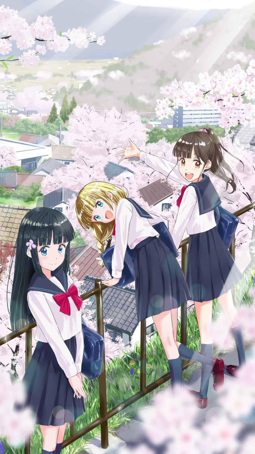 3girls aqua_eyes bag black_hair blonde_hair blue_bag blue_eyes blue_sailor_collar blue_skirt blue_socks bow bowtie brown_eyes brown_hair building cherry_blossoms cityscape day dothiko fence hair_ornament high_ponytail highres hime_cut house kneehighs leaning_on_object loafers long_hair looking_at_viewer multiple_girls open_mouth original outdoors pleated_skirt red_bow red_bowtie sailor_collar scenery school_uniform serafuku shirt shoes short_hair shoulder_bag skirt socks standing standing_on_one_leg tree white_shirt