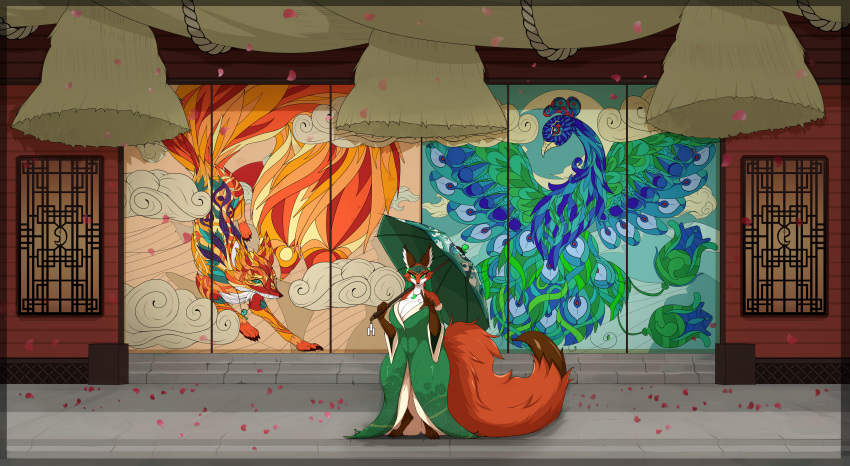 absurd_res anthro asaneman asian_clothing avian big_tail bird breasts building canid canine clothed clothing curvy_female curvy_figure detailed_background east_asian_clothing female fox fully_clothed hi_res huge_tail japanese_clothing kea_(asaneman) magatama mammal shide shimenawa shrine solo tail umbrella
