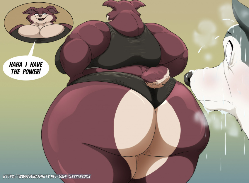 2024 anthro beastars big_breasts big_butt bodily_fluids breasts brown_body brown_fur butt canid canine canis cleavage clothed clothing digital_media_(artwork) duo female female_focus fur hi_res huge_butt huge_thighs juno_(beastars) larger_female legoshi's_chimera_(beastars) male mammal overweight overweight_female rear_view size_difference sweat thick_thighs wolf xxsparcoxx