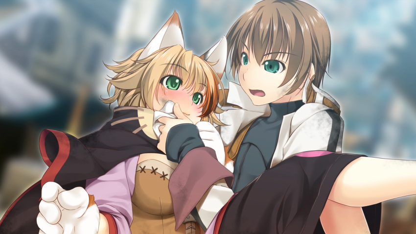 1boy 1girl alto_travers animal_ears animal_hands atelier-moo bare_legs blush breasts brown_hair carrying cat_ears cat_girl closed_mouth feline_sora gloves green_eyes hair_between_eyes handkerchief highres holding holding_handkerchief large_breasts long_sleeves multicolored_hair open_mouth paw_gloves princess_carry short_hair smile standing streaked_hair town wizards_symphony