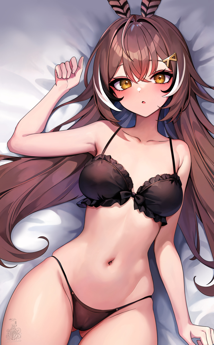 1girl absurdres blush bra breasts brown_eyes brown_hair feathers hair_between_eyes hair_ornament highres hololive hololive_english long_hair lying medium_breasts multicolored_hair nanashi_mumei on_back open_mouth panties solo streaked_hair underwear unstableboiler virtual_youtuber