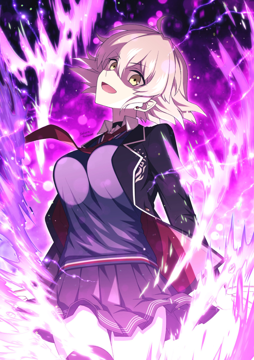 1girl breasts fate/grand_order fate_(series) fire grey_hair highres jacket jeanne_d'arc_alter_(avenger)_(fate) jeanne_d'arc_alter_(fate) large_breasts looking_at_viewer necktie open_mouth purple_fire sakura_tsubame school_uniform shaded_face short_hair skirt smile solo thighs yellow_eyes