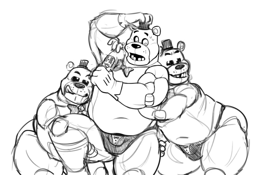 2023 anthro bear bedroom_eyes black_sclera bow_tie bulge caressing clothed clothing electronics five_nights_at_freddy's five_nights_at_freddy's_4 freddy_(fnaf) gloves grope groping_from_behind group handwear hat headgear headwear hi_res holding_microphone holding_object koenics male male/male mammal microphone monochrome musclegut muscular muscular_male narrowed_eyes nightmare_freddy_(fnaf) overweight overweight_male raised_leg scottgames seductive sensual sketch skimpy slightly_chubby slightly_chubby_male smile stocky teeth thong top_hat trio tuxedo_underwear underwear