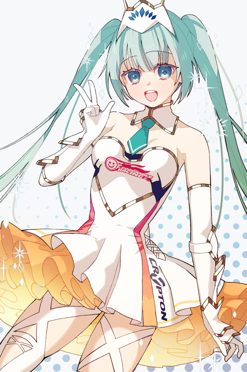 1girl blue_eyes blue_hair blue_necktie breasts crypton_future_media detached_collar dress elbow_gloves gloves goodsmile_racing hatsune_miku highres logo long_hair looking_at_viewer necktie open_mouth orange_skirt racing_miku racing_miku_(2015) rashu_kaito short_necktie skirt small_breasts smile solo thighhighs twintails v very_long_hair vocaloid white_dress white_gloves white_thighhighs