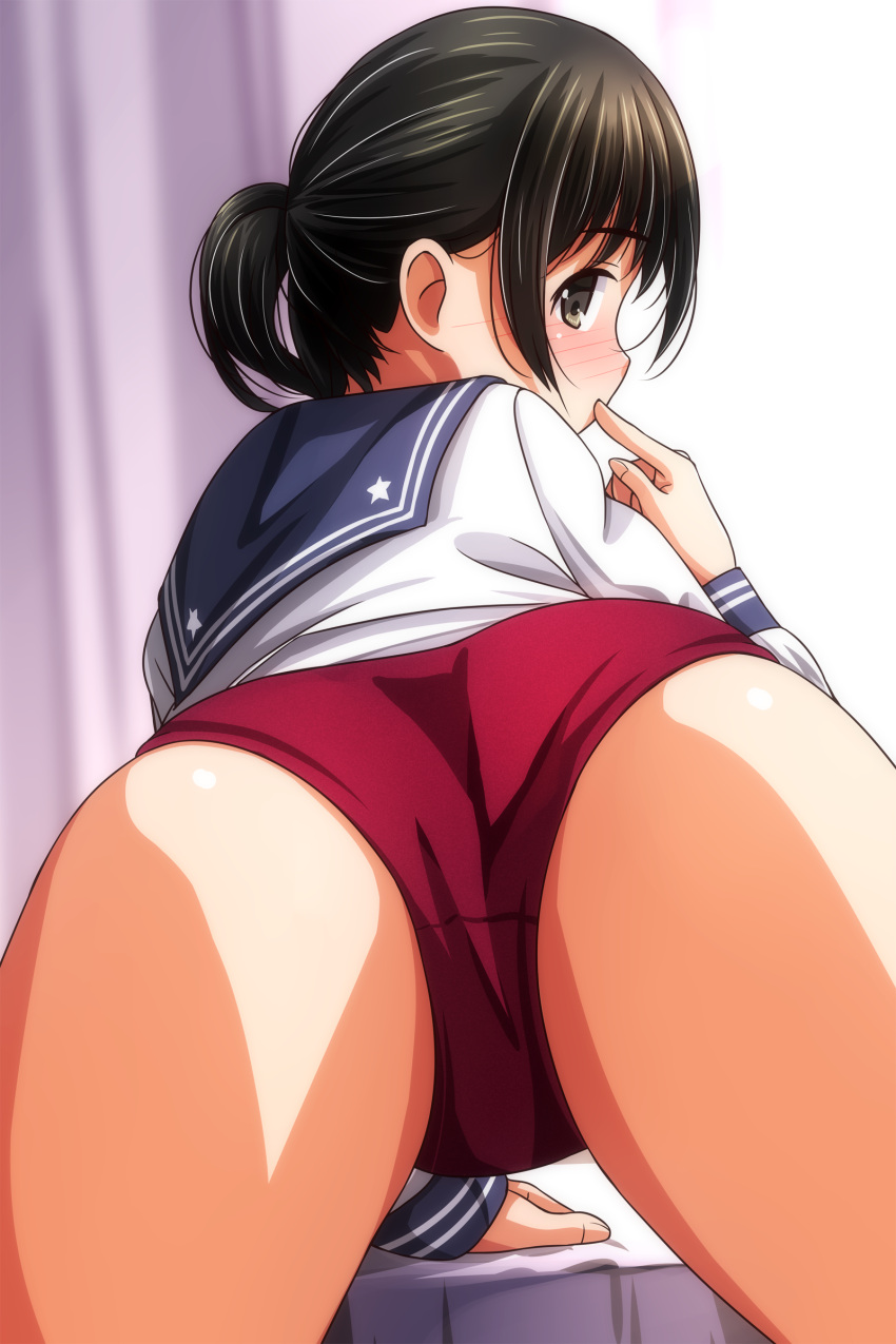 1girl absurdres arm_support ass black_hair blue_sailor_collar blurry blurry_background blush brown_eyes buruma curtains dated_commentary finger_to_mouth from_behind highres index_finger_raised looking_at_viewer looking_back matsunaga_kouyou original red_buruma sailor_collar school_uniform shirt short_ponytail sidelocks solo thighs white_shirt