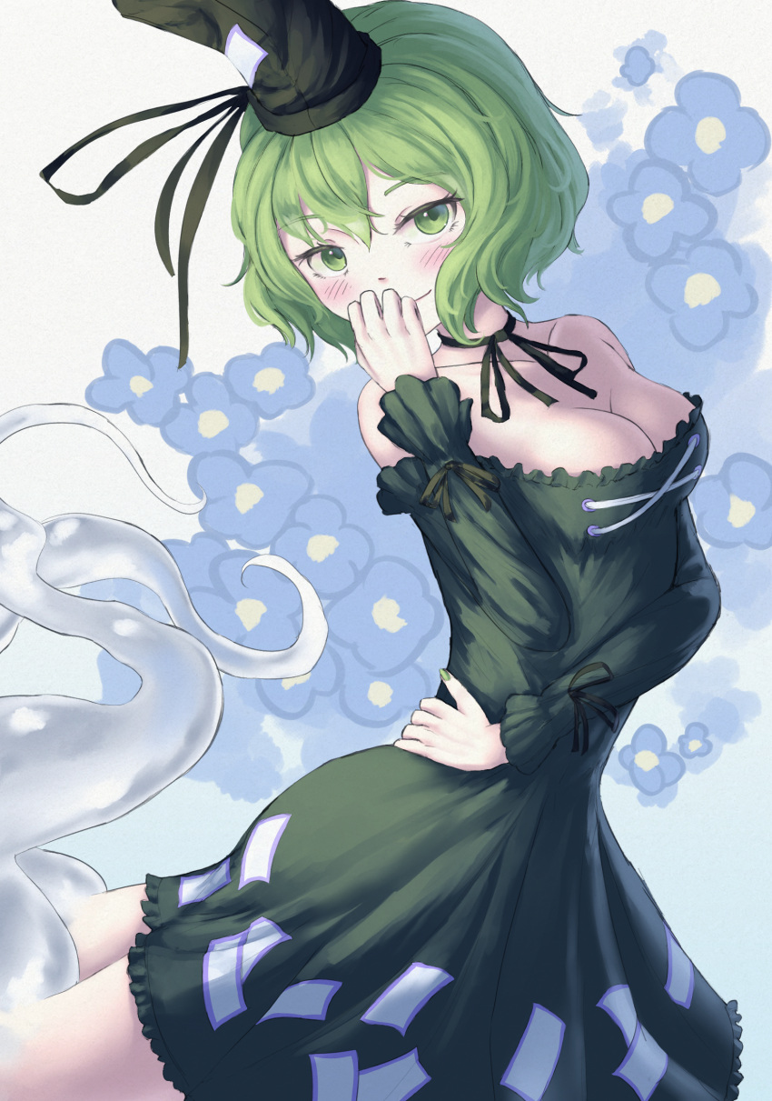 1girl blue_flower blush breasts cleavage closed_mouth commentary cross-laced_footwear dress flower green_dress green_eyes green_hair hat highres looking_at_viewer ofuda ofuda_on_clothes pygrenix short_hair soga_no_tojiko solo tate_eboshi touhou