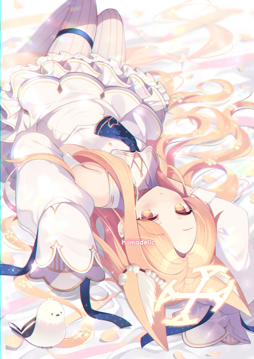 1girl animal animal_ear_fluff animal_ears bed_sheet bird blonde_hair blue_archive blush detached_sleeves dress extra_ears fox_ears highres homaderi long_hair looking_at_viewer lying on_back pantyhose parted_lips seia_(blue_archive) sleeves_past_fingers sleeves_past_wrists solo striped_clothes striped_pantyhose vertical-striped_clothes vertical-striped_pantyhose white_bird white_dress white_pantyhose white_sleeves yellow_eyes