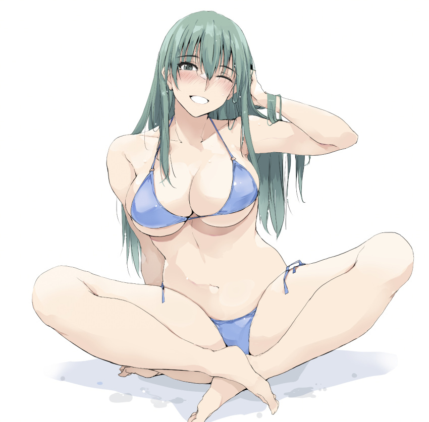 1girl ;) adjusting_hair alternate_costume aqua_eyes aqua_hair bikini blue_bikini breasts cleavage collarbone hair_between_eyes highres indian_style kantai_collection long_hair looking_at_viewer navel one_eye_closed parted_lips side-tie_bikini_bottom simple_background sitting smile solo suzuya_(kancolle) swimsuit zekkyon