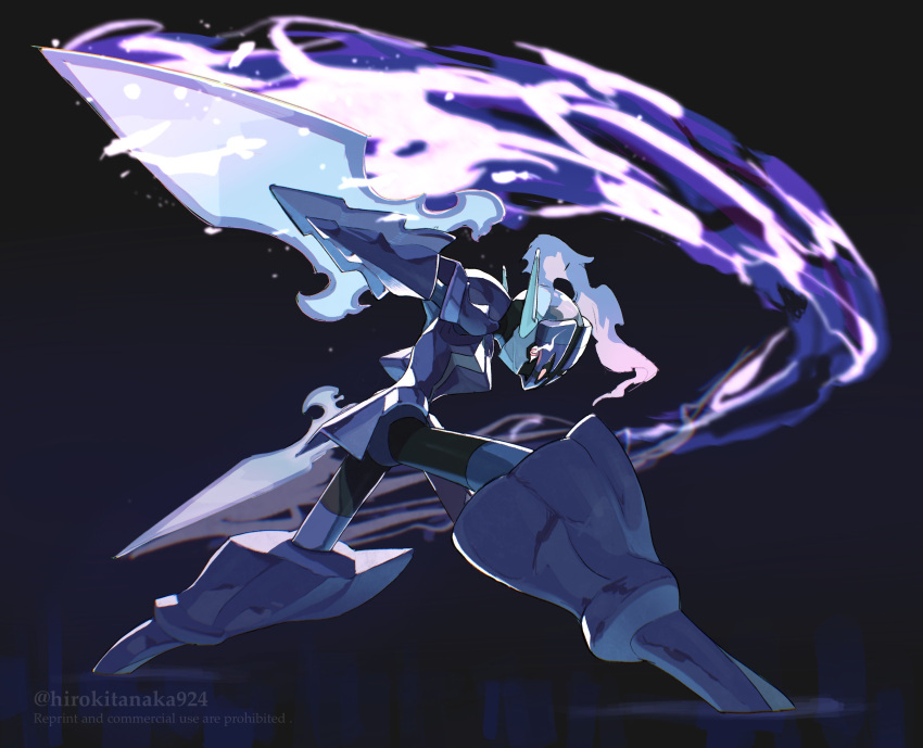 absurdres arm_blade armor artist_name blue_background ceruledge dark_background eye_trail fiery_hair fire from_behind glowing glowing_eyes highres light_trail looking_at_viewer looking_back pokemon pokemon_(creature) purple_armor purple_eyes purple_fire sword tanaka_(is2_p) weapon