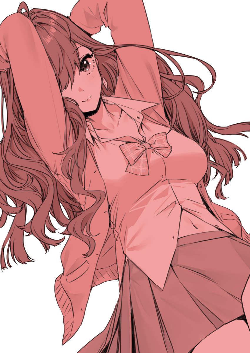 1girl :3 arms_up breasts cardigan cleavage collarbone dutch_angle goshiki_suzu hair_over_one_eye highres ichinose_shiki idolmaster idolmaster_cinderella_girls long_hair looking_at_viewer medium_breasts miniskirt monochrome navel partially_unbuttoned red_thighhighs school_uniform simple_background skirt solo thighhighs very_long_hair white_background