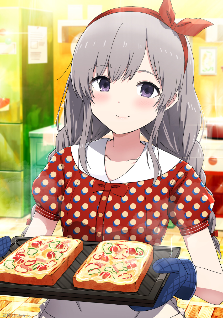 1girl absurdres apron blush bow bowtie braid bread bread_slice closed_mouth collarbone collared_shirt commentary_request dress_shirt food frilled_apron frills grey_hair hair_ribbon hairband highres holding idolmaster idolmaster_shiny_colors indoors long_hair looking_at_viewer low_twintails misaki_nonaka oven_mitts polka_dot polka_dot_shirt puffy_short_sleeves puffy_sleeves purple_eyes red_bow red_bowtie red_hairband red_ribbon red_shirt ribbon shirt short_sleeves sidelocks smile solo toast twin_braids twintails waist_apron white_apron yukoku_kiriko