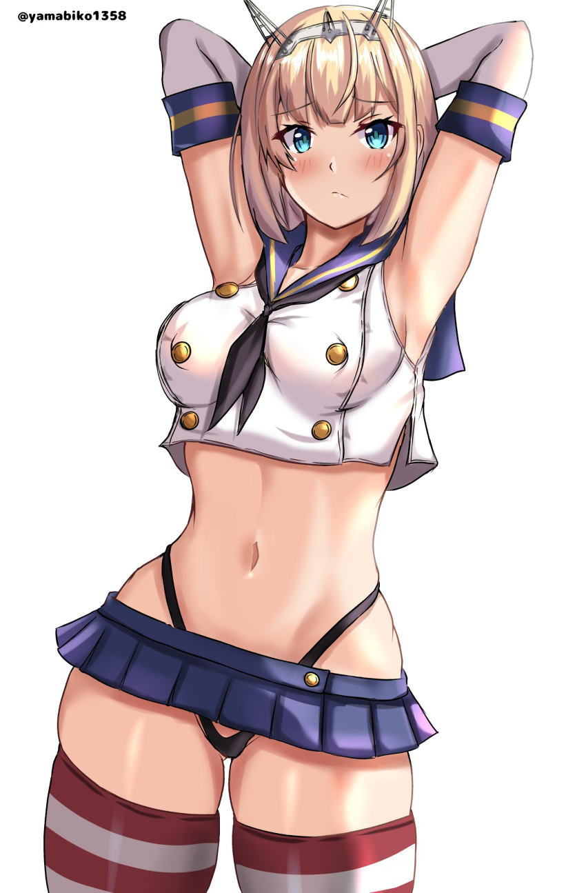 1girl arms_behind_head black_hairband black_neckerchief black_panties blonde_hair blue_eyes blue_sailor_collar blue_skirt breasts cosplay cowboy_shot crop_top elbow_gloves embarrassed gloves hairband headgear highleg highleg_panties highres kantai_collection large_breasts looking_at_viewer microskirt mizuki_(uzuki_no_sato) neckerchief one-hour_drawing_challenge panties rodney_(kancolle) sailor_collar shimakaze_(kancolle) shimakaze_(kancolle)_(cosplay) short_hair skirt solo striped_clothes striped_thighhighs thighhighs thong twitter_username underwear white_background white_gloves