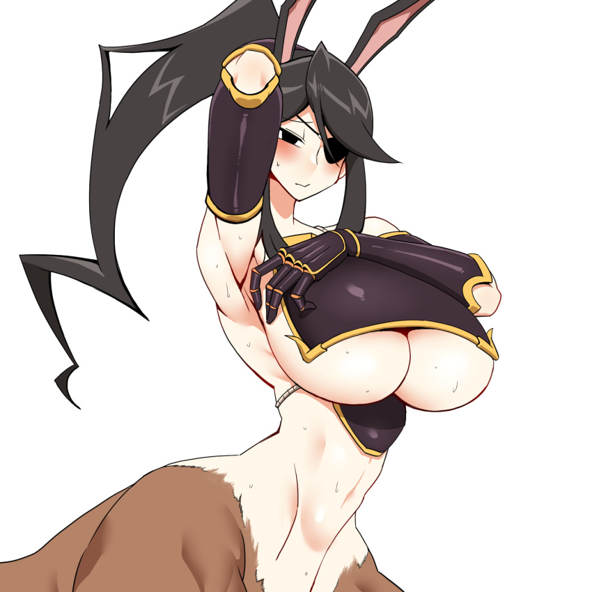 1girl animal_ears arm_up armor armpits bare_shoulders black_eyes black_hair blush breasts centaur closed_mouth commentary_request cowboy_shot eyepatch gauntlets highres horse_ears japanese_armor korean_commentary large_breasts long_hair mannungei monster_girl multiple_legs muneate naked_muneate navel original ponytail simple_background solo stomach sweat taur underboob white_background