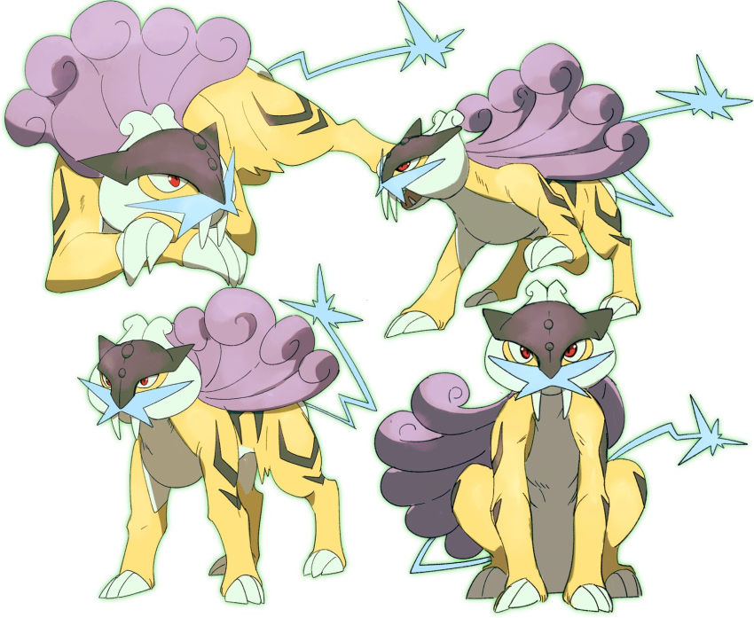 claws commentary_request highres looking_at_viewer lying morio_(poke_orio) multiple_views no_humans open_mouth pokemon pokemon_(creature) raikou red_eyes sitting standing tusks white_background