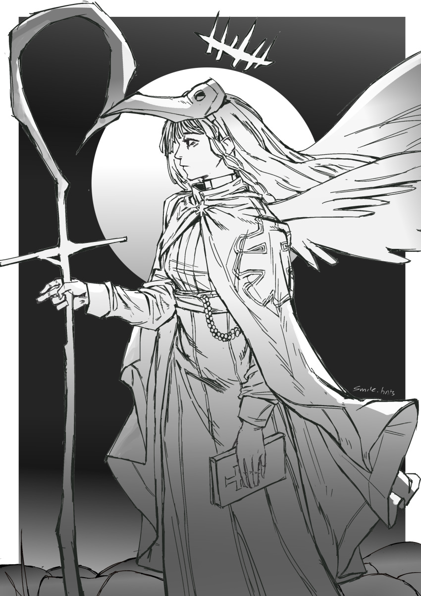 1girl absurdres bible_(object) bird_mask black_background book braid choujin_x comic_panel_redraw crown_of_thorns derivative_work from_side halo highres holding holding_book holding_staff long_hair looking_to_the_side mask monochrome nun shiruha_sora_(choujin_x) signature smile_hnts staff