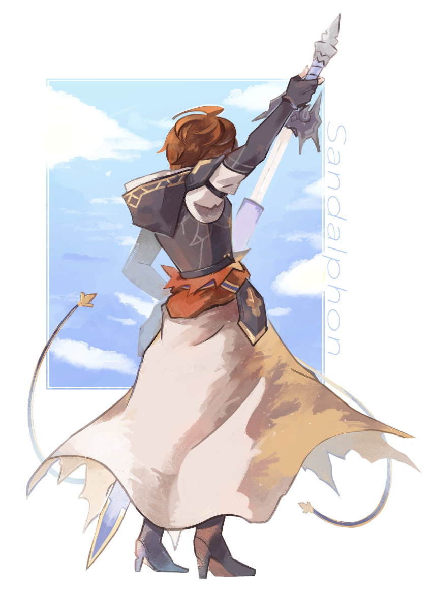 absurdres ahoge arm_up armor belt blue_belt blue_sky boots breastplate brown_hair brown_wings cape cloud cloudy_sky english_commentary english_text fauxpapillon fingerless_gloves from_behind gloves granblue_fantasy high_heel_boots high_heels highres holding holding_sword holding_weapon hood hood_down male_focus messy_hair sandalphon_(granblue_fantasy) scabbard sheath sky sword weapon white_cape wings