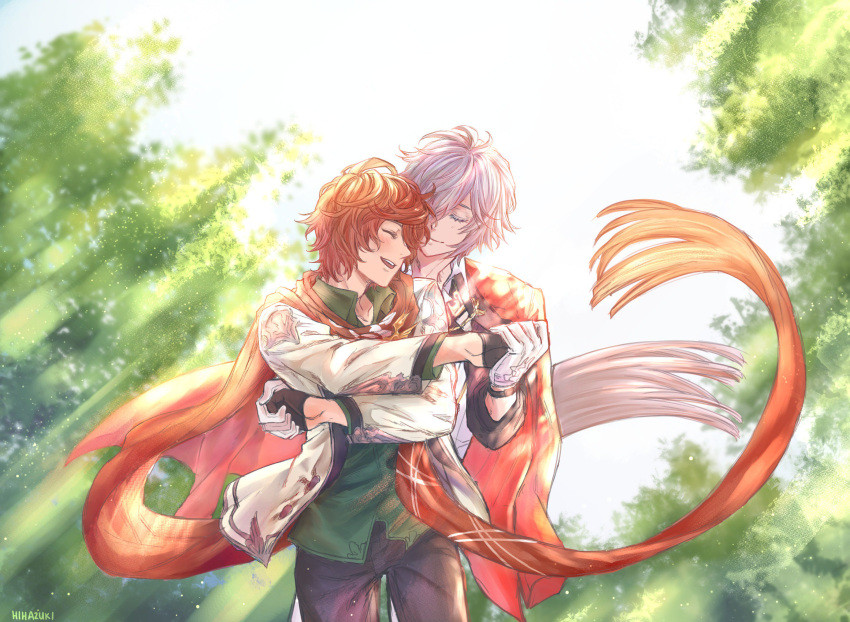 2boys :d ahoge artist_name backlighting black_gloves black_pants blush brown_hair closed_eyes english_commentary floating_clothes forest gloves granblue_fantasy green_shirt hair_between_eyes highres hihazuki holding_hands hug hug_from_behind jacket lucifer_(shingeki_no_bahamut) male_focus messy_hair multiple_boys nature official_alternate_costume pants red_jacket red_scarf sandalphon_(granblue_fantasy) sandalphon_(primarch_afterhours)_(granblue_fantasy) scarf shirt short_hair signature smile tree white_gloves white_shirt yaoi