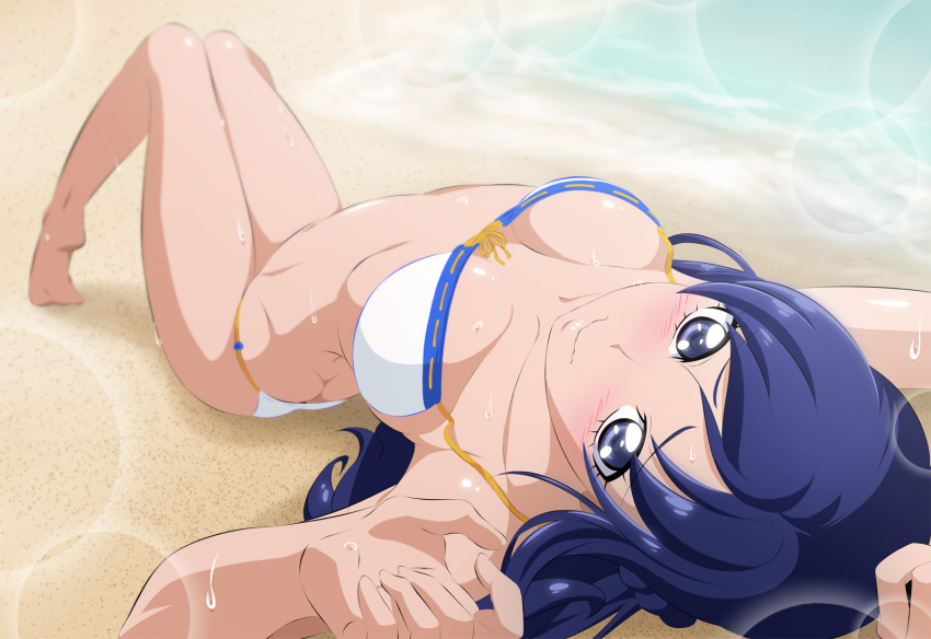 1girl beach bikini blue_eyes blue_hair blush breasts collarbone day dokidoki!_precure fuchi_(nightmare) highres hishikawa_rikka large_breasts long_hair looking_at_viewer lying ocean on_back outdoors precure sand smile solo stomach swimsuit white_bikini