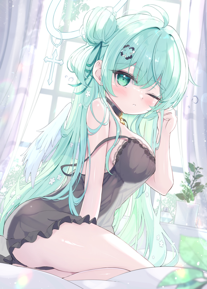 1girl ahoge angel angel_wings black_camisole black_panties blush breasts camisole clover_hair_ornament commentary_request feathered_wings flower green_eyes green_hair hair_bun hair_flower hair_ornament halo halo_ornament highres indoors long_hair looking_at_viewer medium_breasts mikaze_oto mini_wings one_eye_closed original panties parted_lips rubbing_eyes sitting solo squeans strap_slip thighs underwear very_long_hair white_flower wings