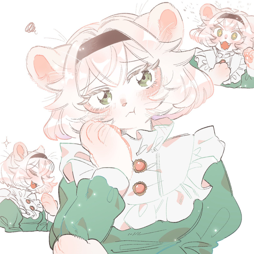 +_+ 1girl :t animal_ears animal_hands body_fur brown_hairband closed_eyes closed_mouth colored_eyelashes dress fangs frilled_shirt_collar frills furry furry_female green_dress green_eyes hairband hand_on_own_cheek hand_on_own_face hands_up highres juliet_sleeves lion_ears lion_girl long_sleeves looking_at_viewer multiple_views open_mouth original puffy_sleeves rata_(norahasu) scribble short_hair simple_background sparkle upper_body whiskers white_background white_fur