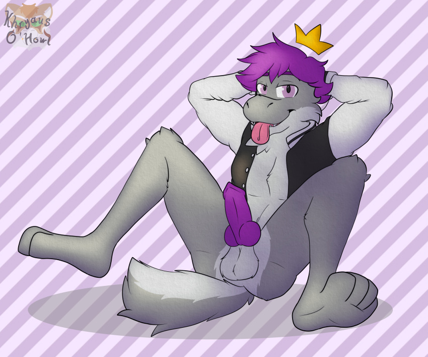 absurd_res anthro balls blep clothed clothing digital_media_(artwork) erection fur genitals hair hi_res khryaus_o'howl_(artist) king_(crmlcd) looking_at_viewer male nintendo paws penis simple_background smile smug solo tail tongue tongue_out topwear
