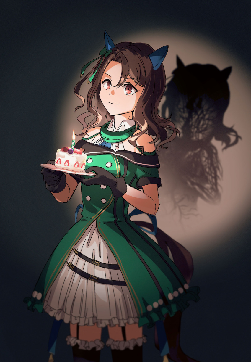 1girl animal_ears birthday_cake black_gloves black_thighhighs brown_hair cake candle cowboy_shot dress ear_covers food frilled_dress frilled_thighhighs frills garter_straps gloves green_dress happy_birthday highres holding holding_plate horse_ears horse_girl horse_tail king_halo_(umamusume) medium_hair plate ppiyong_(vveveet) red_eyes shadow smile solo spotlight sunglasses tail thighhighs umamusume veins x-ray