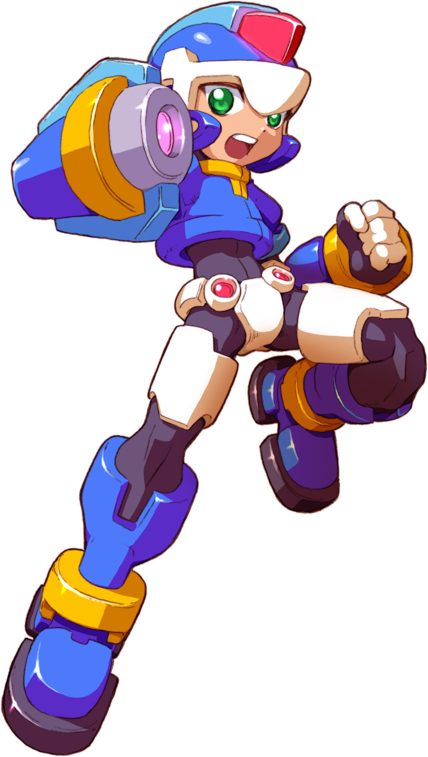 1boy absurdres arm_cannon armor black_bodysuit blue_armor blue_footwear blue_helmet bodysuit boots clenched_hand crotch_plate energy_gun forehead_jewel green_eyes helmet highres makoto_yabe mega_man_(series) mega_man_zx model_x_(mega_man) official_art open_mouth power_armor powering_up simple_background solo teeth upper_teeth_only vent_(mega_man) weapon white_background