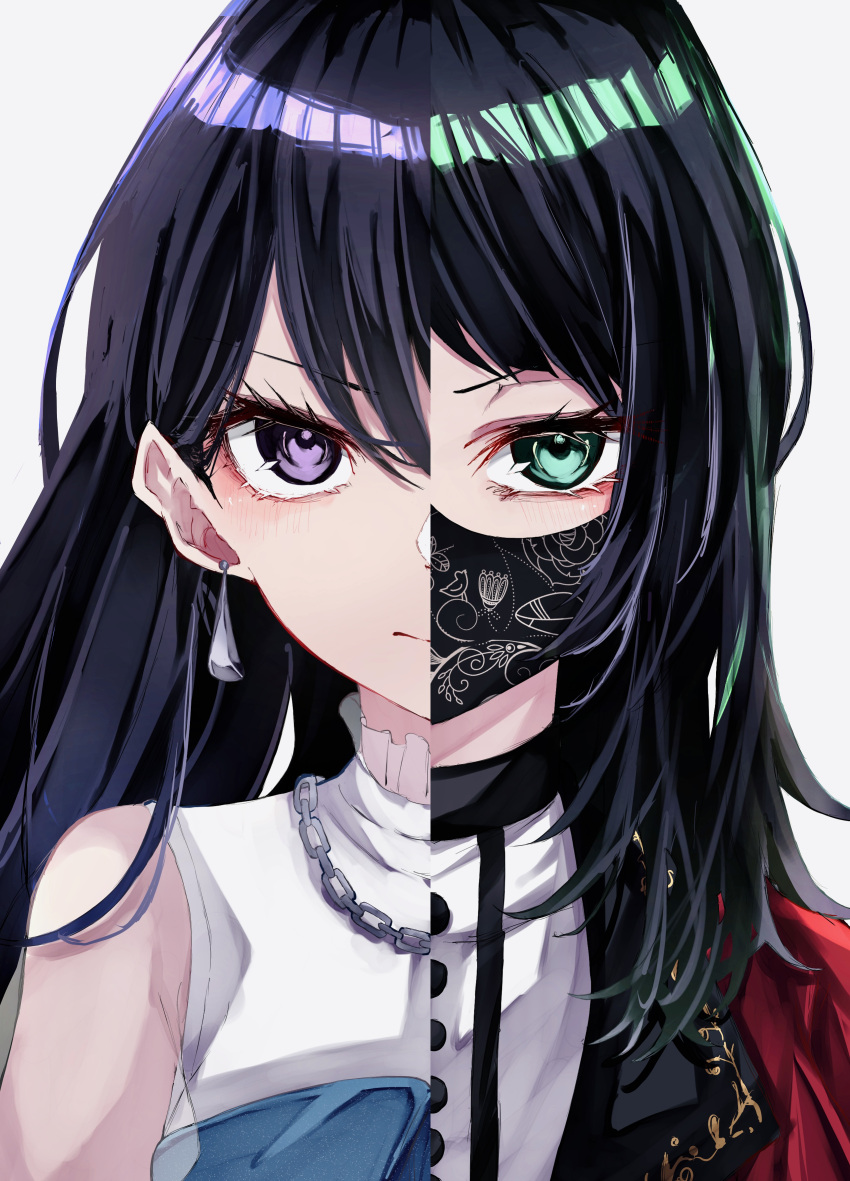 2girls absurdres aqua_eyes bang_dream! bang_dream!_it's_mygo!!!!! black_hair black_mask chain_necklace closed_mouth commentary_request earrings frown grey_background highres jewelry long_hair looking_at_viewer mask mouth_mask multiple_girls necklace nuruponnu purple_eyes red_shirt shiina_taki shirt simple_background sleeveless sleeveless_shirt split_theme upper_body white_shirt yahata_umiri