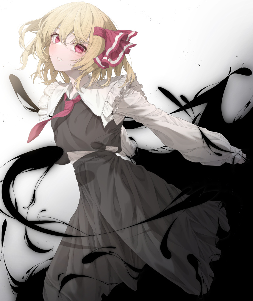 1girl absurdres black_skirt black_vest blonde_hair darkness hair_ribbon highres looking_at_viewer medium_hair necktie parted_lips red_eyes red_necktie red_ribbon ribbon rumia shirt skirt solo touhou tqg_07 vest white_shirt