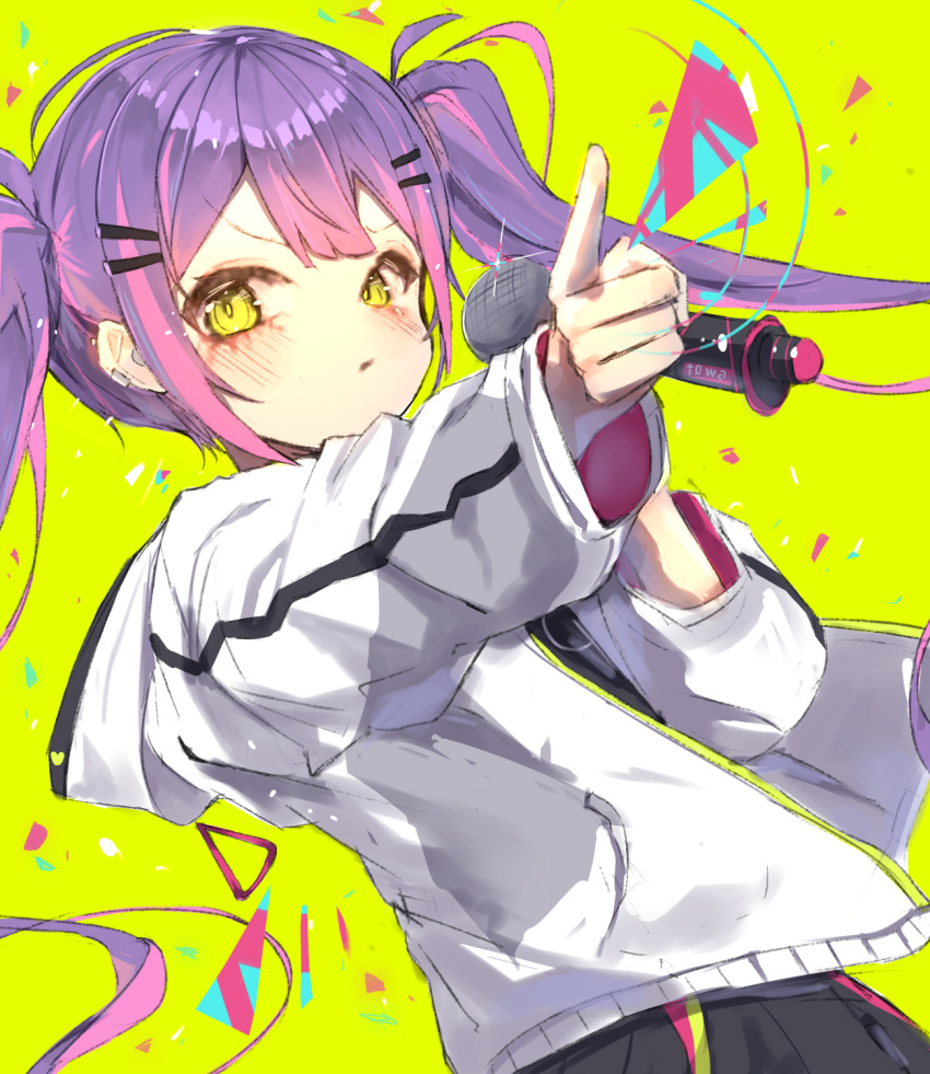 1girl abstract_background black_pants blush character_name earrings ememo hair_ornament hairclip highres holding holding_microphone hololive hood hoodie jacket jewelry microphone multicolored_hair open_clothes open_jacket pants pointing puffy_sleeves purple_hair single_earring solo tokoyami_towa twintails two-tone_hair virtual_youtuber white_hoodie yellow_background yellow_eyes