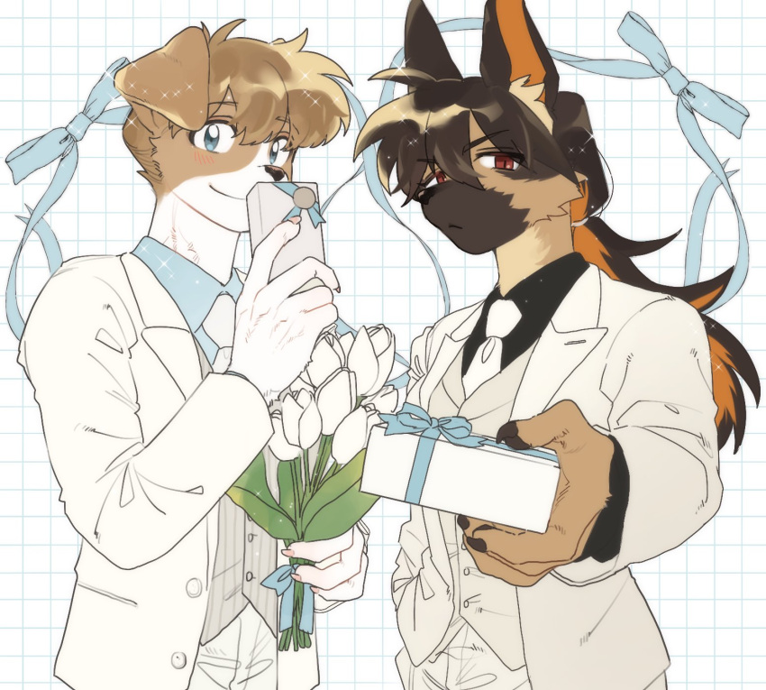 1boy 1girl :&lt; animal_ears black_shirt blue_eyes blue_ribbon blue_shirt blush body_fur bouquet box brown_eyes brown_fur brown_hair claws closed_mouth collared_shirt colored_inner_hair crossdressing dog_boy dog_ears dog_girl floppy_ears flower furry furry_male gift gift_box grey_vest grid_background groom hand_in_pocket hands_up highres holding holding_bouquet incoming_gift jacket long_hair long_sleeves looking_at_viewer multicolored_hair necktie orange_hair original pants rata_(norahasu) ribbon shirt short_hair smile striped_clothes striped_vest suit tulip two-tone_hair upper_body very_short_hair vest white_background white_flower white_fur white_jacket white_necktie white_pants white_suit white_tulip