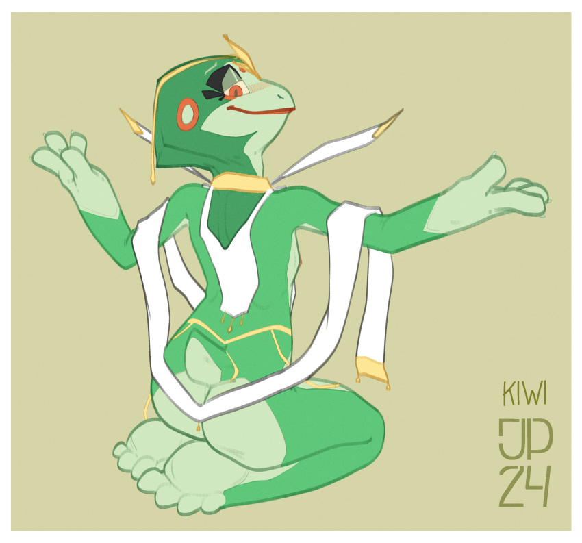 accessory amphibian anthro big_breasts breasts clothed clothing dancing female frog gold_(metal) gold_jewelry green_body hi_res jewelry johnnypescado kiwi_(dredjir) nipples nude partially_clothed pose red_eyes sitting small_breasts solo