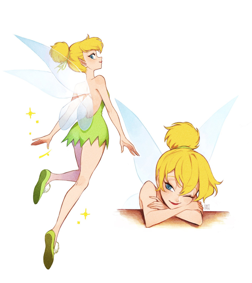 1girl back blonde_hair blue_eyes curvy disney dress earrings fairy fairy_wings full_body green_dress highres jewelry lipstick makeup one_eye_closed pointy_ears shoes smile tinker_bell_(disney) wings yokotn