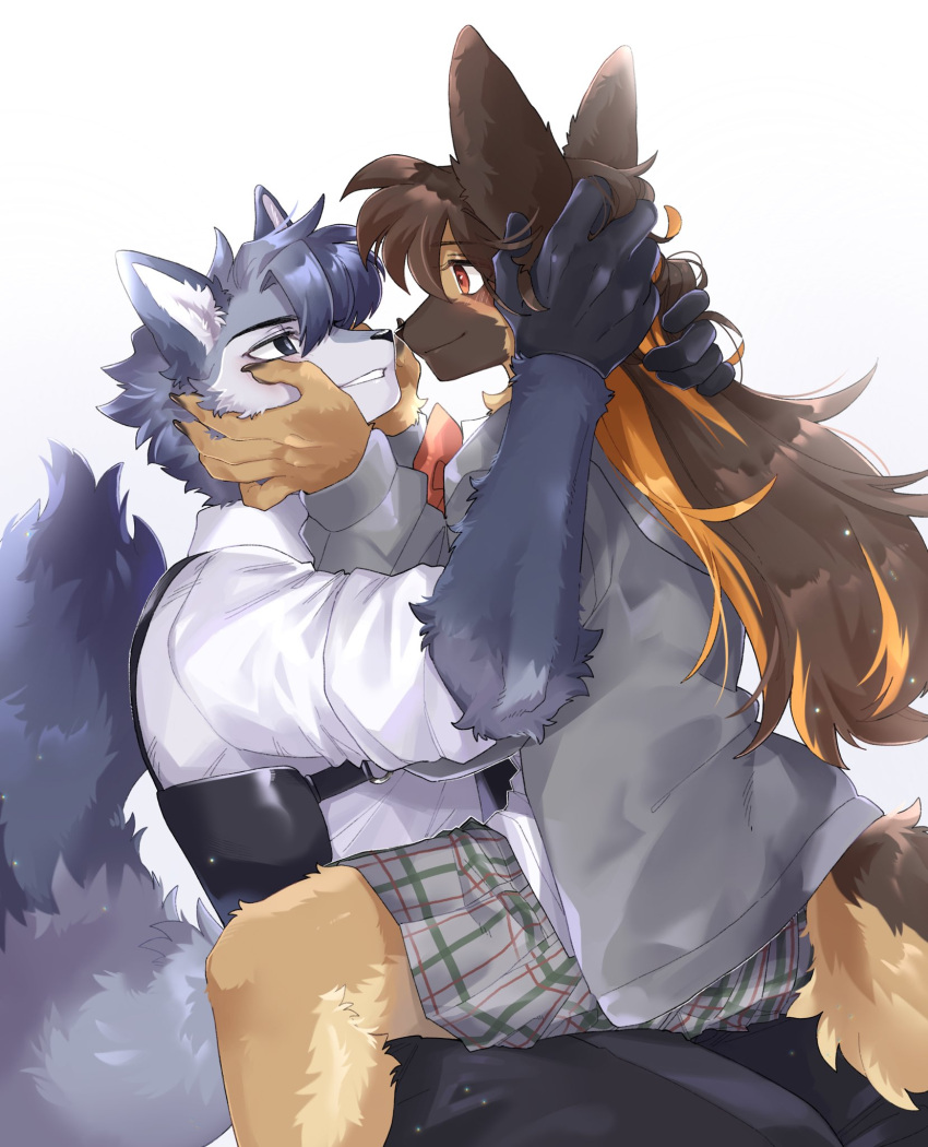 1boy 1girl animal_ears black_eyes blush body_fur borrowed_character bright_pupils brown_hair chest_harness collared_shirt commentary_request dog_ears dog_tail furry furry_male german_shepherd grey_fur grey_hair grey_jacket grey_skirt grin hand_on_another's_face hands_in_hair hands_on_another's_head harness hetero highres jacket long_hair long_sleeves looking_at_another multicolored_hair oji_(norahasu) orange_hair original plaid plaid_skirt rata_(norahasu) red_eyes shirt short_hair simple_background sitting sitting_on_lap sitting_on_person skirt smile streaked_hair tail upper_body very_short_hair white_background white_shirt wolf_boy wolf_ears wolf_tail