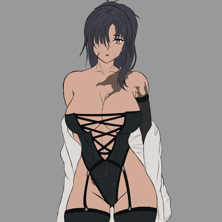 1girl absurdres angelia_(girls'_frontline) ass ass_visible_through_thighs bare_shoulders black_hair breasts cleavage collarbone elite_snakeeyes girls'_frontline hair_over_one_eye highres large_breasts lingerie long_hair looking_at_viewer scar scar_on_face shirt solo thighhighs underwear