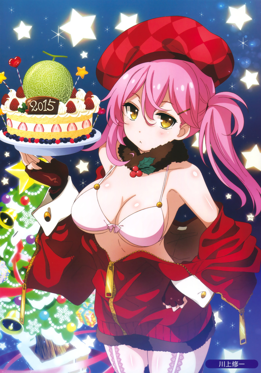 bikini_top christmas cleavage kawakami_shuuichi open_shirt stockings thighhighs underboob