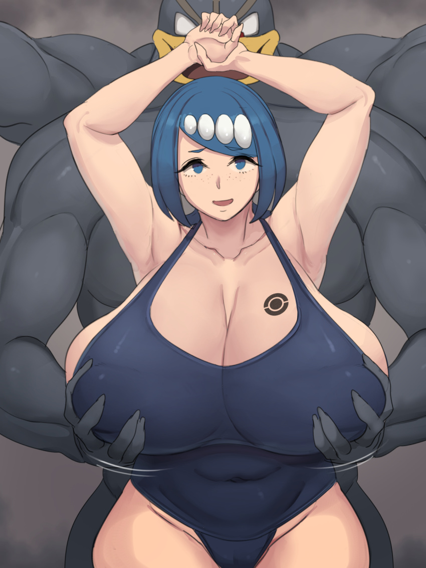 1boy 1girl armpits arms_up bestiality blue_eyes blue_hair blue_one-piece_swimsuit breast_tattoo breasts cleavage colored_skin covered_navel extra_arms grabbing grabbing_another's_breast grabbing_from_behind grey_skin highres huge_breasts lana's_mother_(pokemon) looking_at_viewer machamp metal_owl_(aden12) muscular muscular_male one-piece_swimsuit open_mouth plump pokemon pokemon_(creature) pokephilia swimsuit tattoo