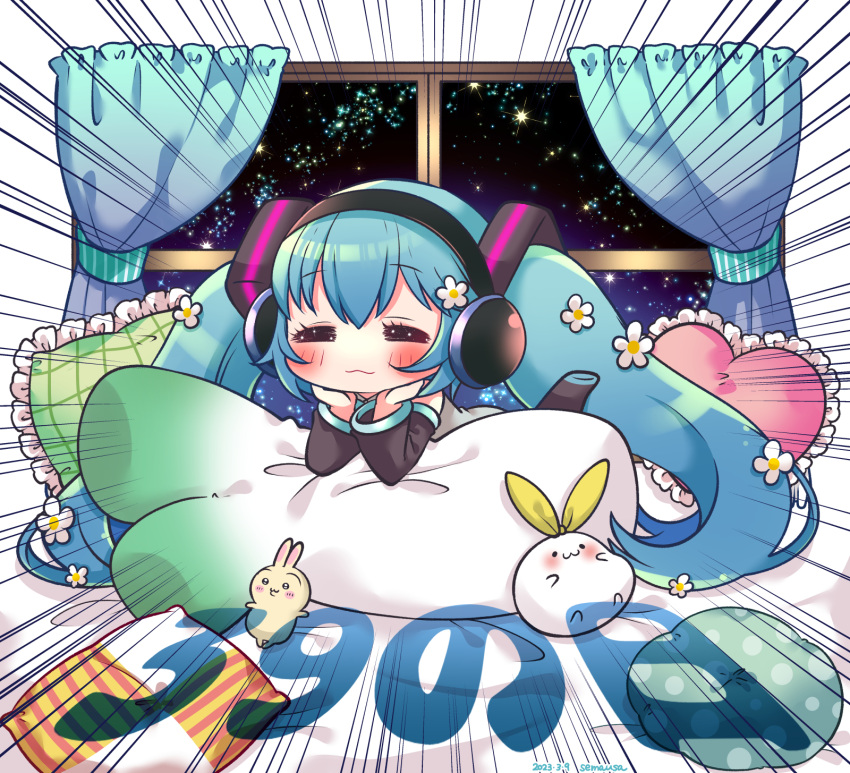 1girl :3 blue_hair blush chibi commentary curtains detached_sleeves emphasis_lines eyelashes flower frilled_pillow frills hair_flower hair_ornament hatsune_miku headphones heart heart-shaped_pillow highres miku_day no_nose pillow semausa sky solo spring_onion star_(sky) starry_sky stuffed_animal stuffed_toy translation_request twintails vocaloid white_flower window