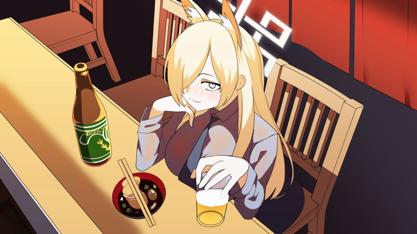 1girl :3 alcohol animal_ear_fluff animal_ears anime_coloring beer beer_bottle black_necktie blonde_hair blue_archive blush bottle bowl breasts cel_shading chair chopsticks closed_mouth counter cup dog_ears dog_girl drink drunk food from_above grapeanime grey_eyes grey_shirt hair_over_one_eye halo head_rest highres holding holding_cup holding_drink indoors kanna_(blue_archive) large_breasts long_hair long_sleeves looking_at_viewer necktie on_chair one_eye_covered restaurant shirt sitting smile solo white_halo wooden_chair