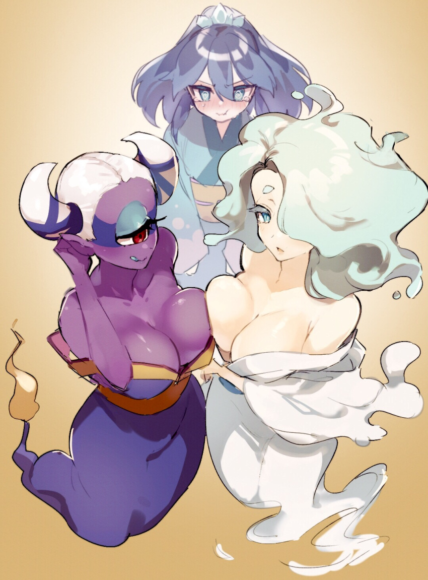 3girls aqua_eyes aqua_hair asymmetrical_docking bare_shoulders blue_hair blush breast_envy breast_press breasts cleavage colored_skin cyclops en'enra enraenra_(youkai_watch) flame-tipped_tail fubukihime fuumin_(youkai_watch) hair_horns hair_over_one_eye high_ponytail highres japanese_clothes kimono kmnk_(kumanuko) large_breasts licking_lips long_hair multicolored_hair multiple_girls off_shoulder one-eyed pointy_ears purple_skin red_eyes tears tongue tongue_out traditional_youkai two-tone_hair white_hair youkai_(youkai_watch) youkai_watch yuki_onna