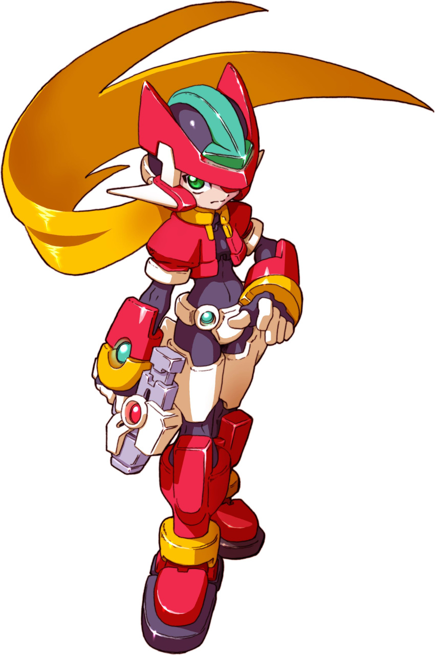 1girl absurdres aile_(mega_man_zx) armor black_bodysuit blonde_hair bodysuit boots cropped_jacket crotch_plate energy_gun forehead_jewel green_eyes gun helmet highres holding holding_gun holding_weapon jacket long_hair makoto_yabe mega_man_(series) mega_man_zx model_zx_(mega_man) official_art power_armor red_armor red_footwear red_helmet red_jacket simple_background solo weapon white_background