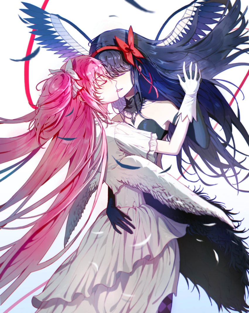 2girls akemi_homura akuma_homura black_dress black_hair bow chinese_commentary closed_eyes commentary_request dress elbow_gloves feathered_wings floating_hair gloves hair_bow hairband highres holding_hands interlocked_fingers kaname_madoka kiss long_hair low_wings mahou_shoujo_madoka_magica mahou_shoujo_madoka_magica_(anime) multiple_girls parted_lips pink_hair red_bow red_hairband red_ribbon ribbon short_sleeves simple_background smile strapless strapless_dress tianzhongdouyi1 ultimate_madoka very_long_hair white_background white_bow white_dress white_gloves wings yuri