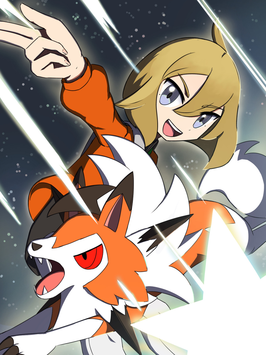 1boy absurdres alternate_color blonde_hair claws fangs finger_gun grey_eyes highres jacket open_mouth orange_jacket paulo_(pokemon) pokemon pokemon_masters_ex shio_onigiri smile star_(symbol)