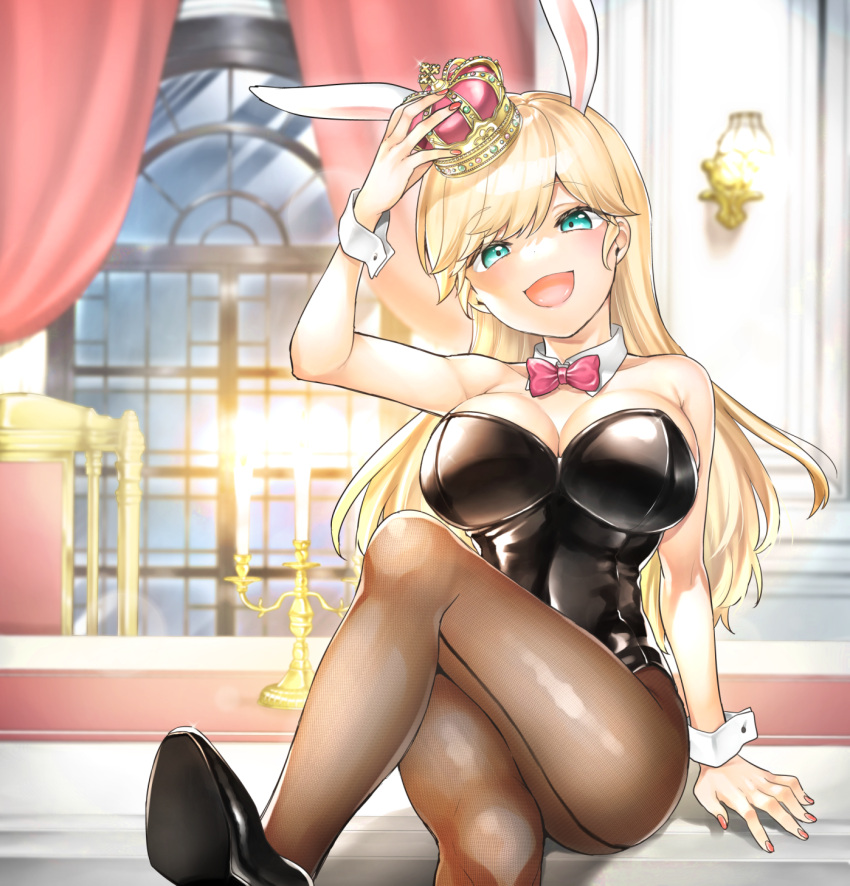 1girl :d animal_ears aqua_eyes arm_support arm_up back-seamed_legwear black_footwear black_leotard black_pantyhose blonde_hair bow bowtie breasts cleavage crown detached_collar fake_animal_ears hand_on_headwear highres indoors jishou_f-rank_no_oniisama_ga_game_de_hyouka_sareru_gakuen_no_chouten_ni_kunrin_suru_sou_desu_yo? large_breasts leotard long_hair looking_at_viewer nail_polish open_mouth pantyhose pink_bow pink_bowtie playboy_bunny rabbit_ears red_nails seamed_legwear sitting smile solo sorani_(artist) strapless strapless_leotard traditional_bowtie white_wrist_cuffs wrist_cuffs