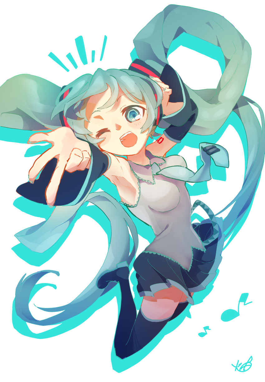 1girl absurdres aqua_eyes aqua_hair aqua_nails aqua_necktie aqua_theme arm_tattoo armpits bare_shoulders black_skirt breasts collared_vest detached_sleeves eighth_note feet_up hand_on_own_head hatsune_miku highres htk_mikan jumping long_hair long_sleeves looking_at_viewer medium_breasts musical_note necktie notice_lines one_eye_closed open_mouth shadow shoulder_tattoo signature simple_background skirt solo tareme tattoo very_long_hair vest vocaloid w white_background